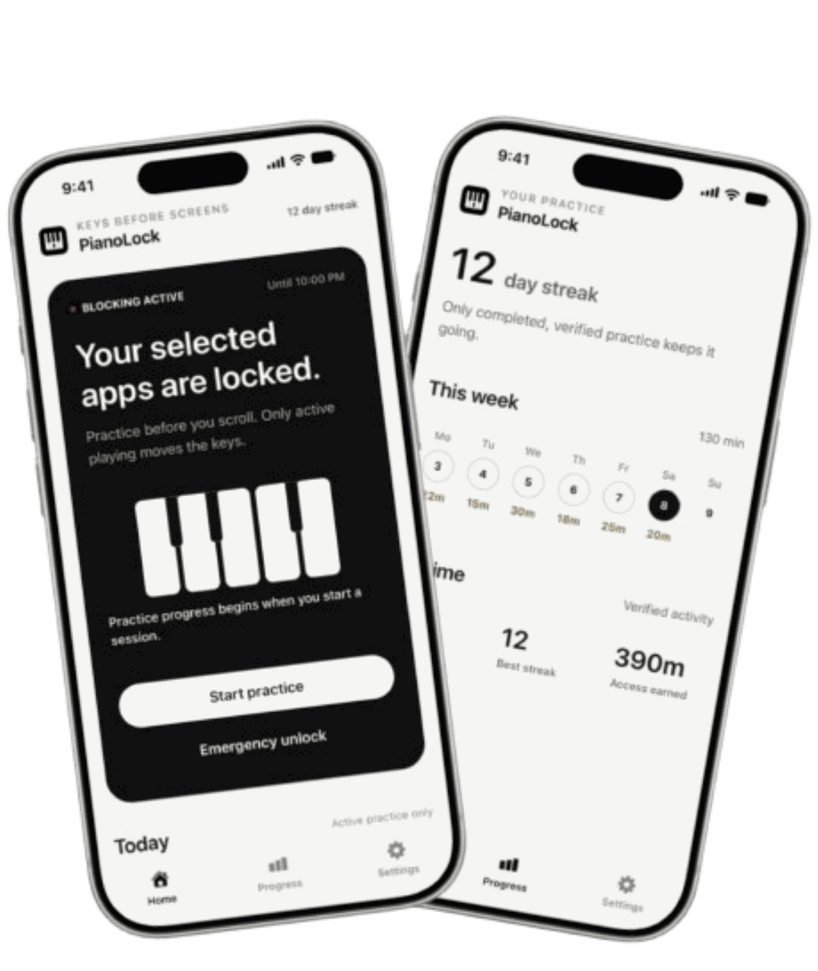 PianoLock on iPhone: the home screen showing selected apps locked, and the progress screen showing a twelve day practice streak.